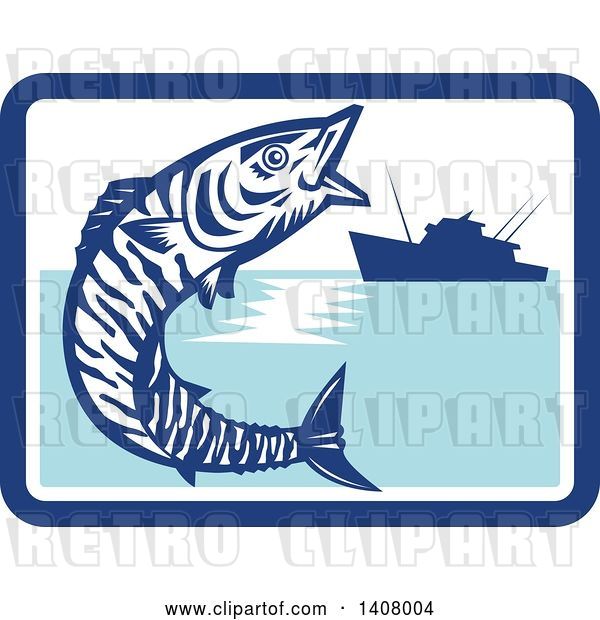 Vector Clip Art of Retro Wahoo Scombrid Fish Jumping near a Silhouetted Fishing Boat in a Blue and White Rectangle