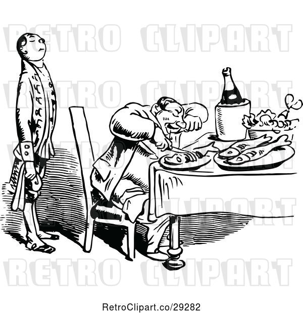 Vector Clip Art of Retro Waiter and Happy Guy Dining