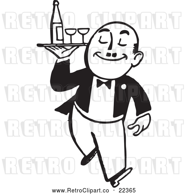 Vector Clip Art of Retro Waiter Carrying Wine and Glasses on a Tray