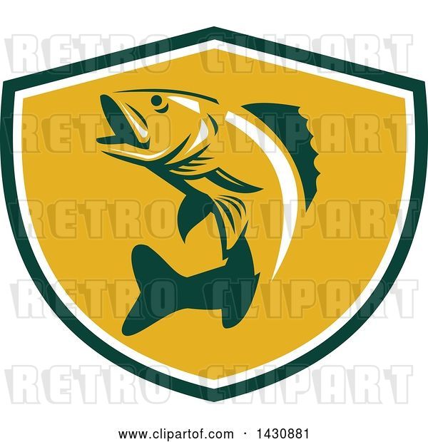 Vector Clip Art of Retro Walleye Fish Jumping in a Green White and Orange Shield