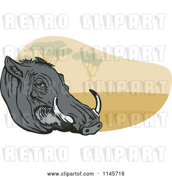 Vector Clip Art of Retro Warthog Head and Landscape