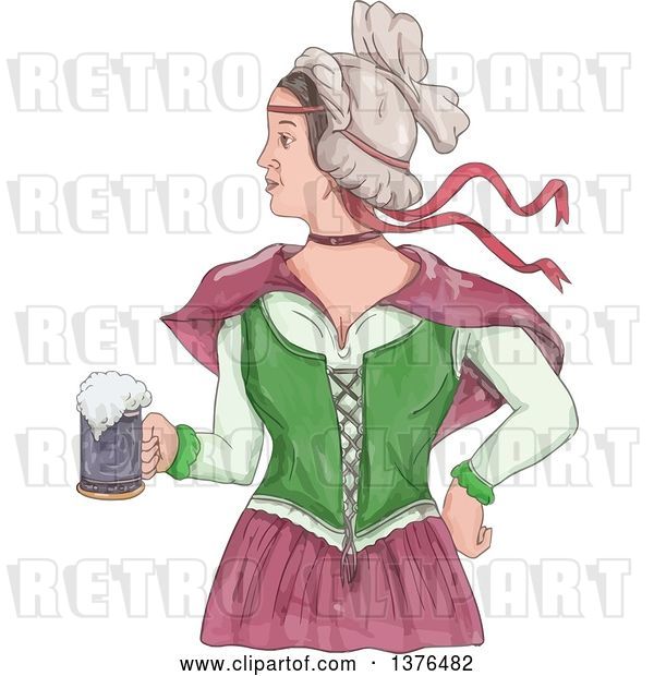 Vector Clip Art of Retro Watercolor Styled Victorian Beer Maiden Holding a Mug