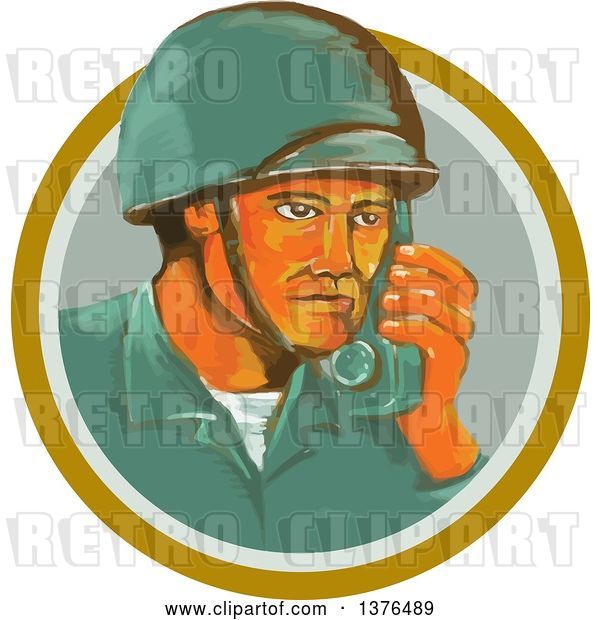 Vector Clip Art of Retro Watercolor Styled WWII American Soldier Talking on a Field Radio in an Orange Circle