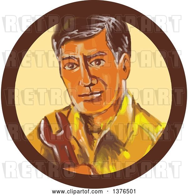 Vector Clip Art of Retro Watercolor Sytled Mechanic Guy Holding a Spanner Wrench in a Circle