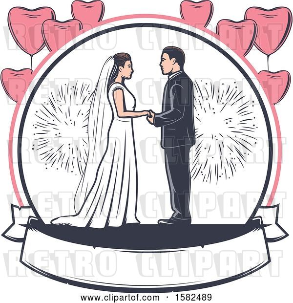 Vector Clip Art of Retro Wedding Couple with Fireworks and Heart Balloons over a Banner
