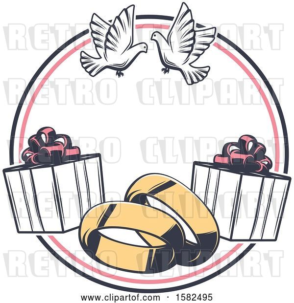 Vector Clip Art of Retro Wedding Design with Doves, Gifts and Bands