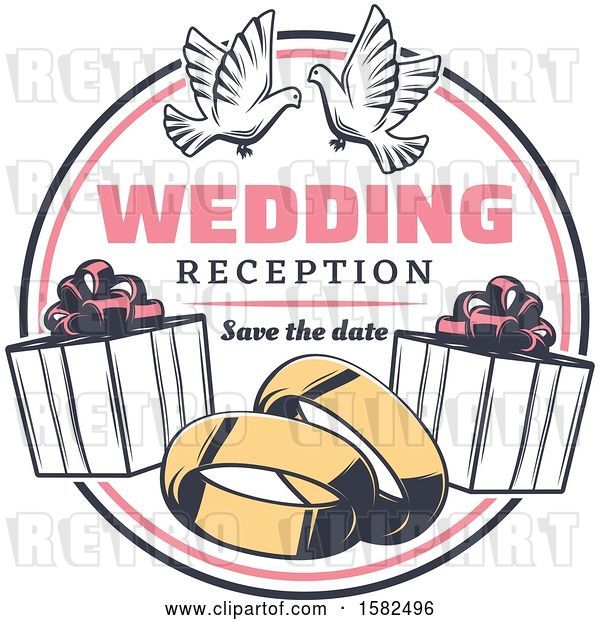 Vector Clip Art of Retro Wedding Design with Doves, Gifts and Bands