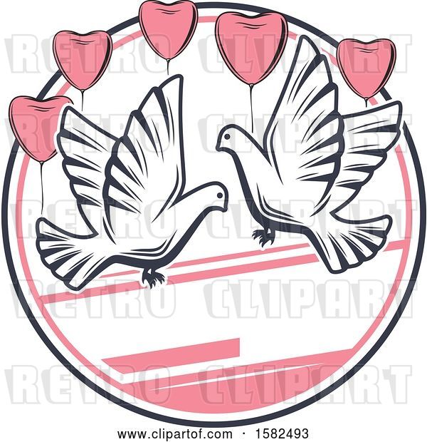 Vector Clip Art of Retro Wedding Doves and Heart Balloons