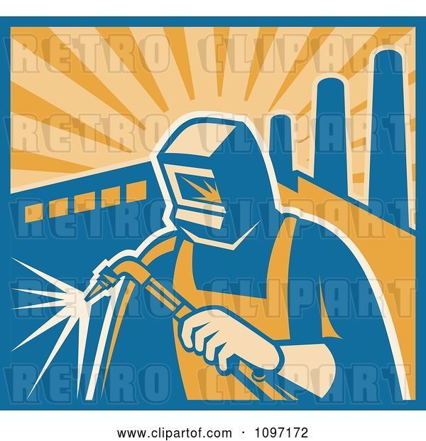 Vector Clip Art of Retro Welder Using a Torch with Factory Smoke Stacks and Rays