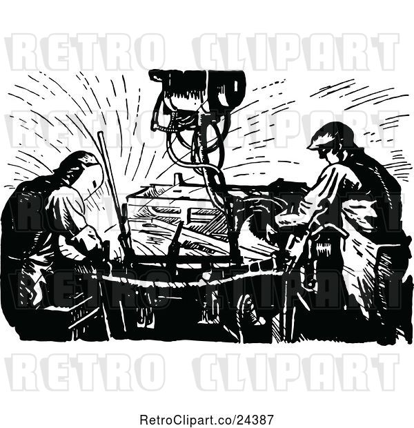 Vector Clip Art of Retro Welding Machine and Workers