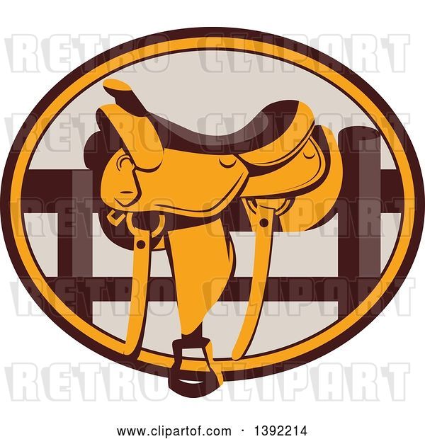 Vector Clip Art of Retro Western Saddle on a Fence, in a Brown and Orange Oval