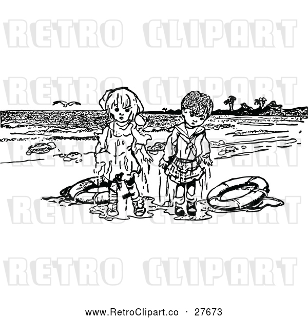 Vector Clip Art of Retro Wet Overboard Kids on a Beach