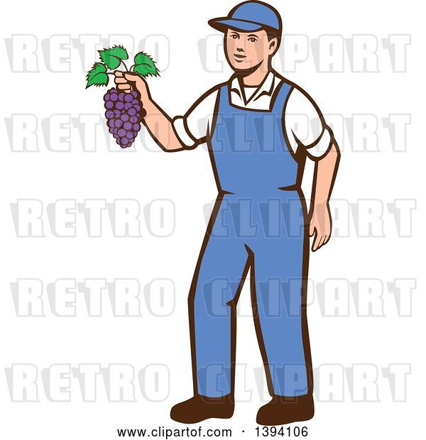 Vector Clip Art of Retro White Farmer Boy Holding Purple Grapes