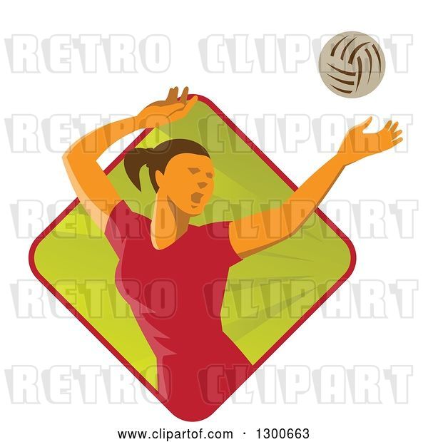 Vector Clip Art of Retro White Female Volleyball Player Spiking over a Green and Red Ray Diamond