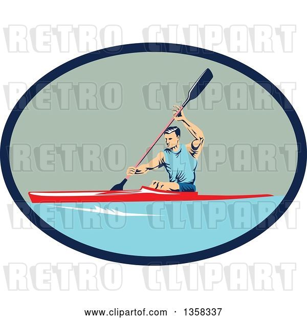 Vector Clip Art of Retro White Guy Kayaking in a Blue and Green Oval