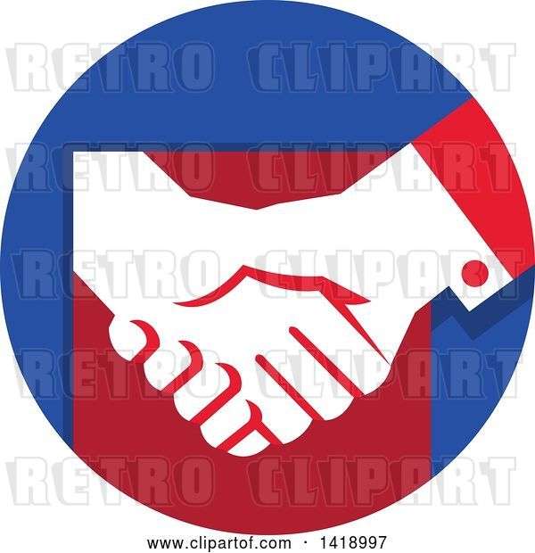 Vector Clip Art of Retro White Hands Shaking in a Red and Blue Circle