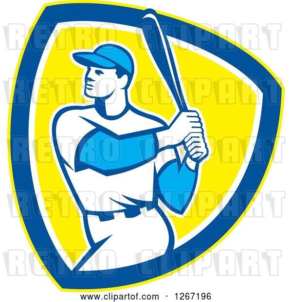 Vector Clip Art of Retro White Male Baseball Player Batting Inside a Yellow Blue and White Shield