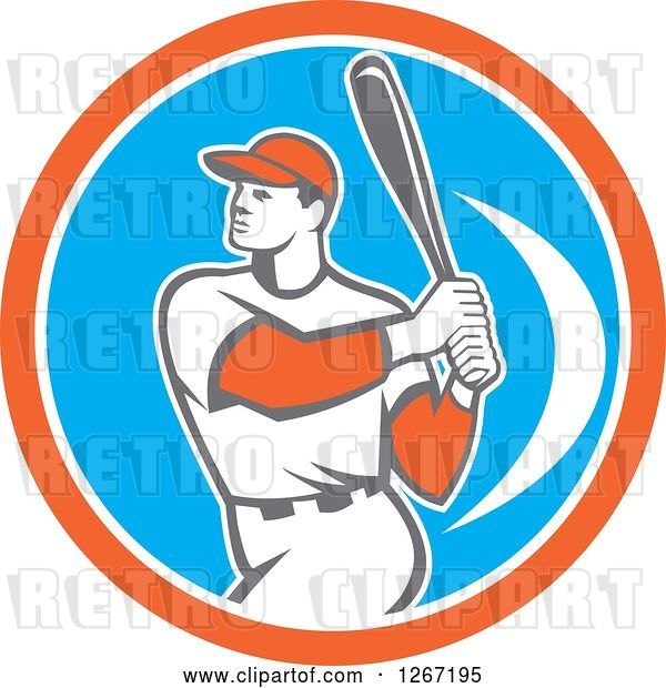 Vector Clip Art of Retro White Male Baseball Player Batting Inside an Orange White and Blue Circle
