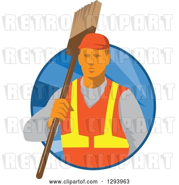 Vector Clip Art of Retro White Male Janitor Holding a Broom over His Shoulder in a Blue Circle of Rays