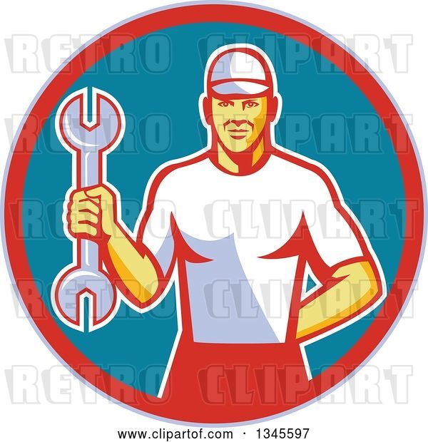 Vector Clip Art of Retro White Male Mechanic Holding a Wrench in a Circle