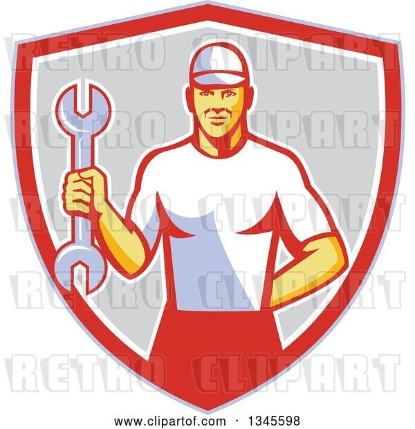 Vector Clip Art of Retro White Male Mechanic Holding a Wrench in a Shield