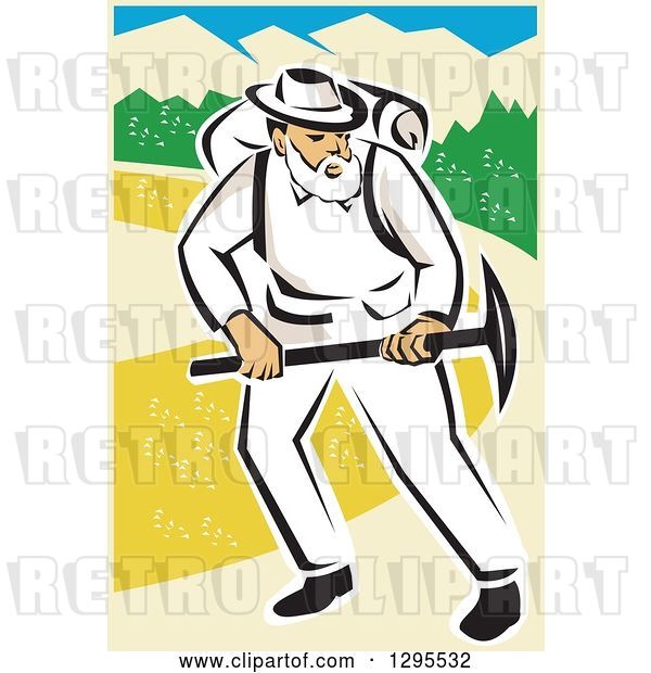 Vector Clip Art of Retro White Male Miner Working with a Pickaxe