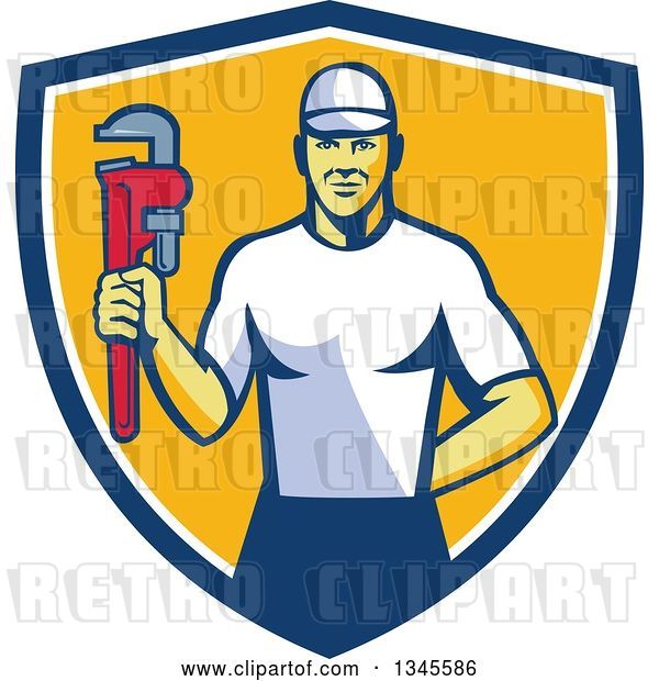Vector Clip Art of Retro White Male Plumber Holding a Monkey Wrench in a Blue White and Yellow Shield