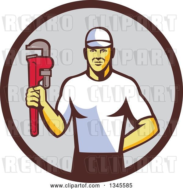Vector Clip Art of Retro White Male Plumber Holding a Monkey Wrench in a Brown and Gray Circle