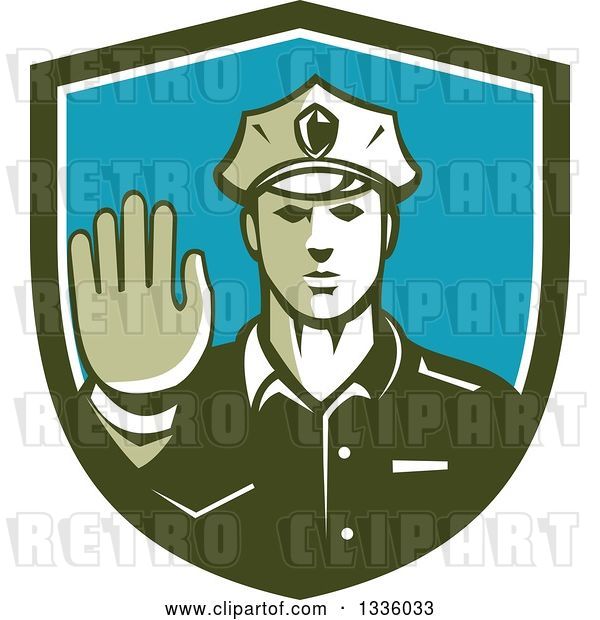 Vector Clip Art of Retro White Male Police Officer Gesturing Stop with His Hand Inside a Green White and Blue Shield