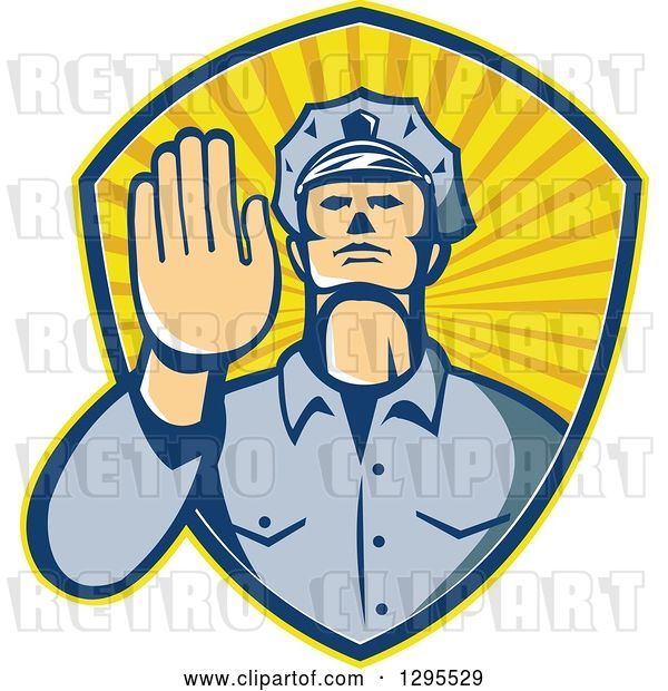 Vector Clip Art of Retro White Male Police Officer Gesturing Stop with His Hand Inside a Ray Shield