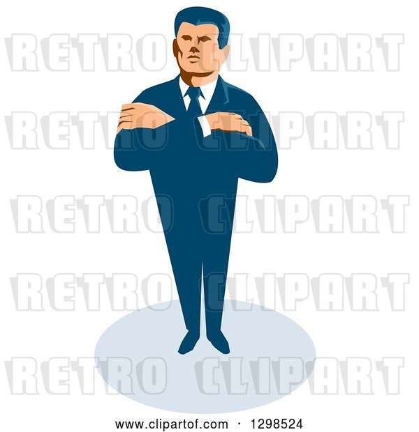 Vector Clip Art of Retro White Male Secret Agent Standing with Folded Arms