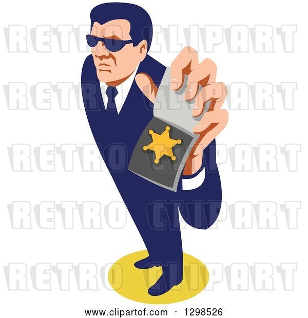 Vector Clip Art of Retro White Male Secret Agent Wearing Sunglasses and Holding up an Id Badge