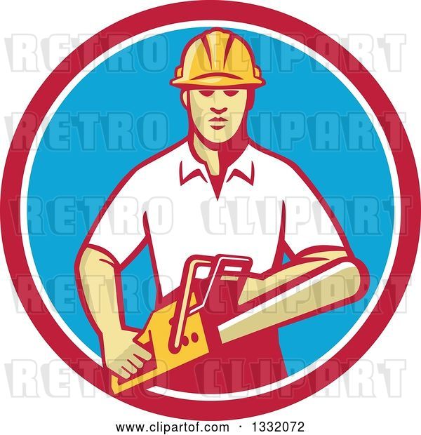 Vector Clip Art of Retro White Male Tree Surgeon Arborist Holding a Chainsaw in a Red White and Blue Circle