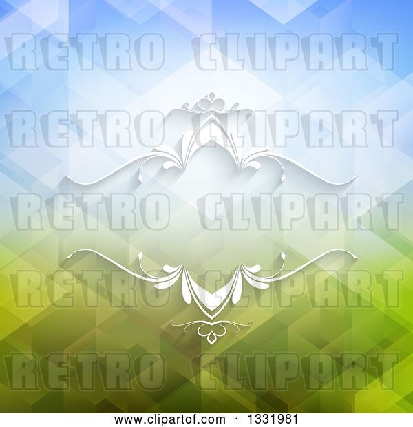 Vector Clip Art of Retro White Ornate Frame over a Blue and Green Geometric Background