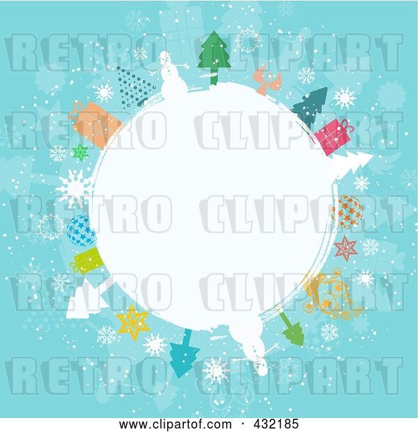 Vector Clip Art of Retro White Winter Globe Circled in Snowmen, Trees, Angels, and Gifts on Blue