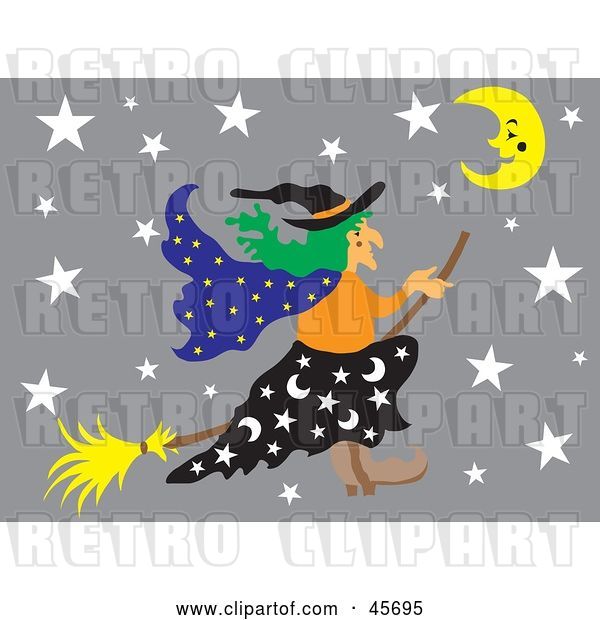 Vector Clip Art of Retro Wicked Witch Flying Through a Gray Starry Night on Her Broom Stick