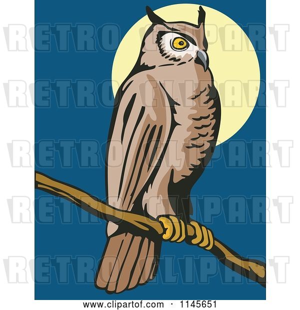 Vector Clip Art of Retro Wild Owl Perched Against a Full Moon