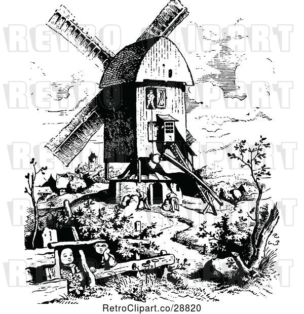 Vector Clip Art of Retro Windmill and Workers