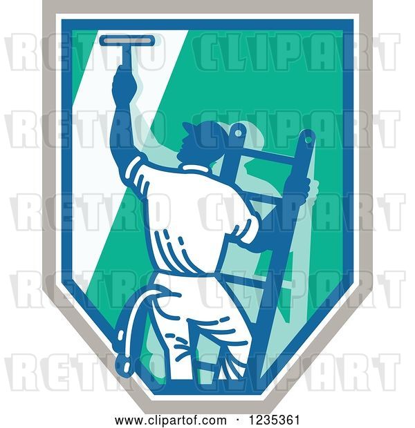 Vector Clip Art of Retro Window Washer on a Ladder and Shield