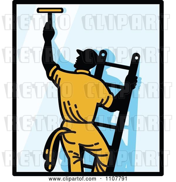 Vector Clip Art of Retro Window Washer on a Ladder Reaching up and Using a Squeegee with Black Borders