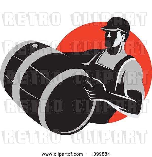 Vector Clip Art of Retro Wine Maker Vitner Carrying a Barrel over a Red Circle