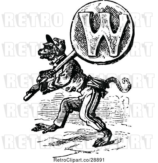 Vector Clip Art of Retro Wolf Carrying the Letter W