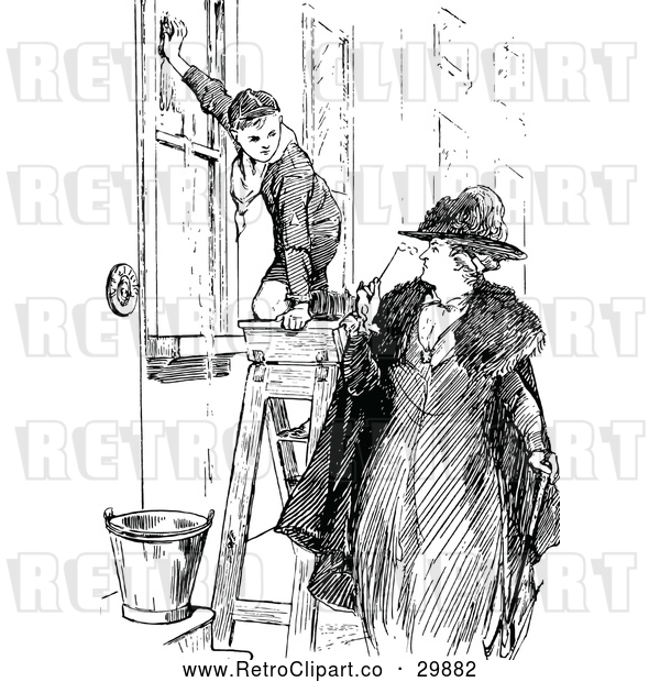 Vector Clip Art of Retro Woman Looking at a Boy Scout Washing Windows