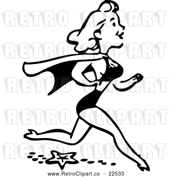 Vector Clip Art of Retro Woman Running on a Beach with a Cape