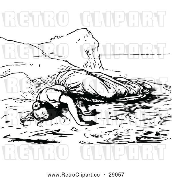 Vector Clip Art of Retro Woman Washed up on a Beach