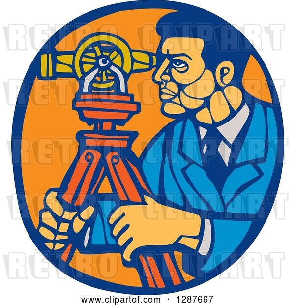 Vector Clip Art of Retro Woodcut Ale Surveyor Using a Theodolite Instrument in a Blue and Orange Oval