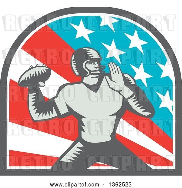 Vector Clip Art of Retro Woodcut American Football Player Quarterback Throwing in an American Arch