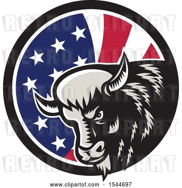 Vector Clip Art of Retro Woodcut Angry Buffalo Bison Head in an American Flag Circle