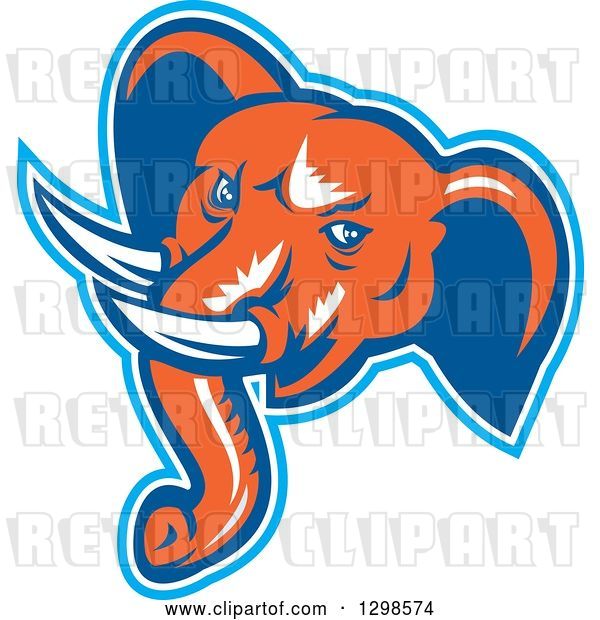 Vector Clip Art of Retro Woodcut Angry Elephant Head in Blue White and Orange
