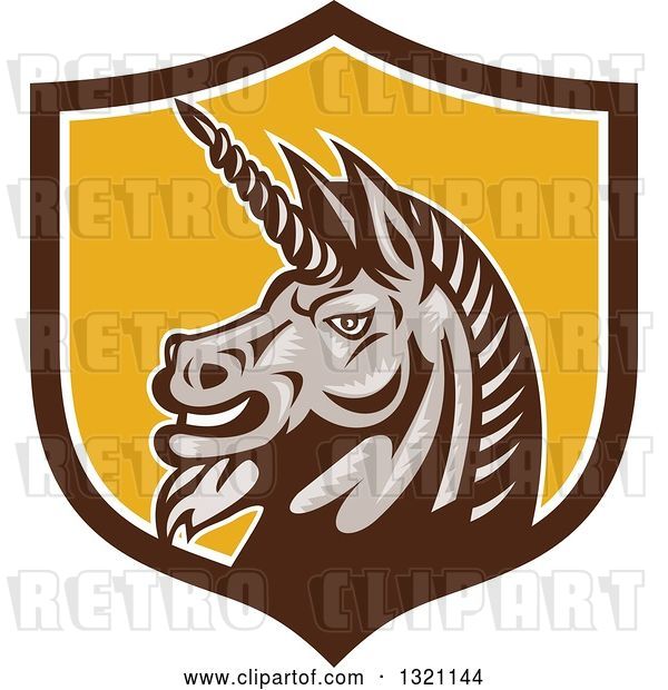 Vector Clip Art of Retro Woodcut Angry Gray Unicorn Head in a Brown White and Yellow Shield